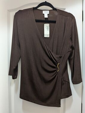 Chico's Dark Brown Surplice Top with Gold Accent